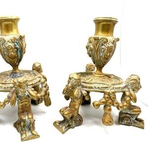 Antique Pair of Heavy Brass Satyr Candlestick Holders